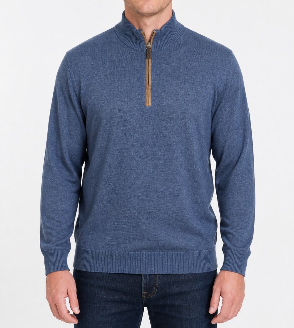 Johnnie O Sweater Mens Medium Blue Baron Wool Knit Long Sleeve Mock Neck 1/4 Zip